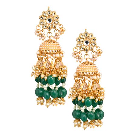 Floral Mirror Dome Earrings with Green Beads & Pearls Pair